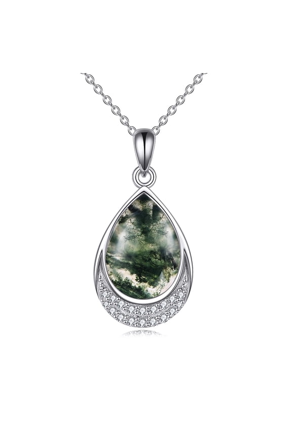 Moss Agate Necklace 925 Sterling Silver Cubic Zirconia Teardrop Moss Agate Pendant Necklace Jewelry for Women (K-Moss Agate)