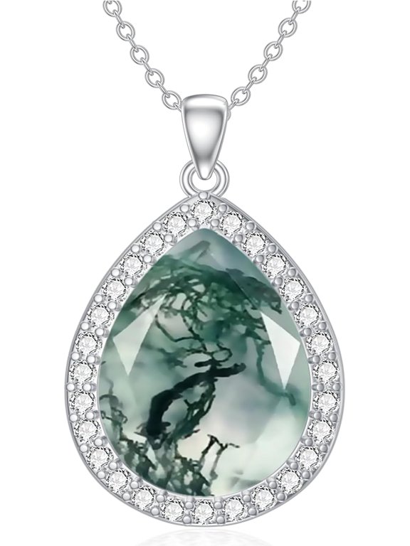 Moss Agate Necklace 925 Sterling Silver Teardrop Pendant Moss Agate Jewelry Gifts for Women