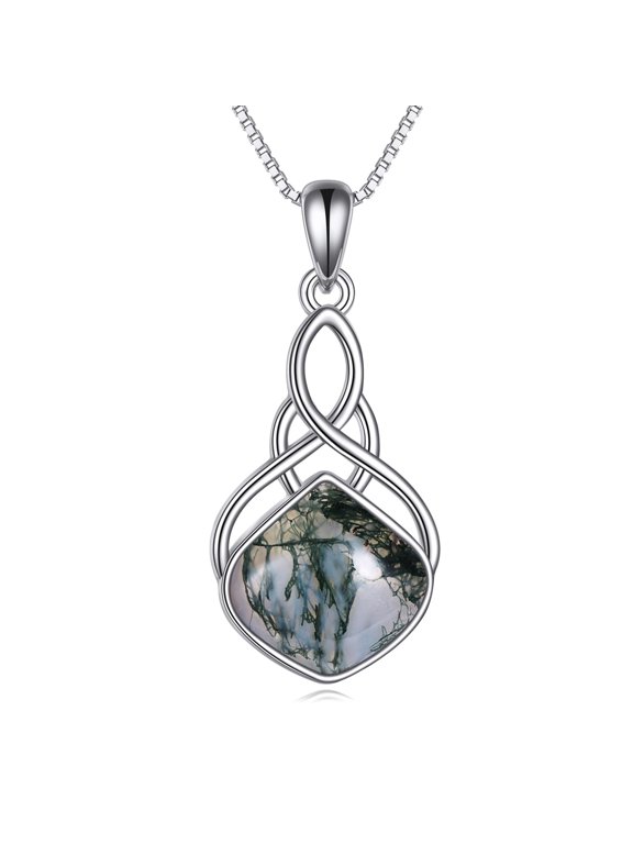 Moss Agate Necklace Sterling Silver Irish Celtic Filigree Teardrop Pendant Necklace Jewelry Christmas Gifts for Women Mother Daughter Aunt Niece