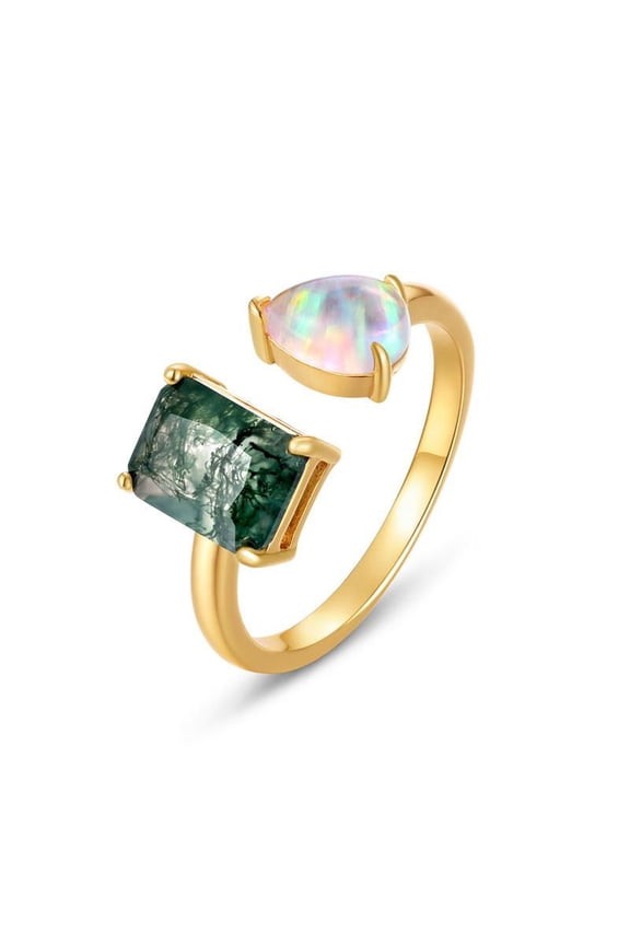 Moss Agate & Opal Two Stone Ring – Toi Et Moi Engagement Ring with Emerald and Pear Cut Gems – Adjustable Couples Ring – Nature-Inspired Wedding Gift for Her
