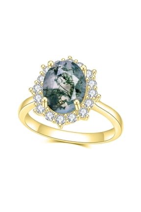 Moss Agate Oval Cut Cluster Engagement Ring, 18K Gold Over Silver Ring 2.8 Carat