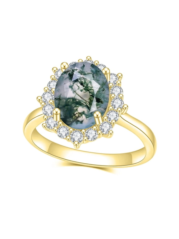 Moss Agate Oval Cut Cluster Engagement Ring, 18K Gold Over Silver Ring 2.8 Carat