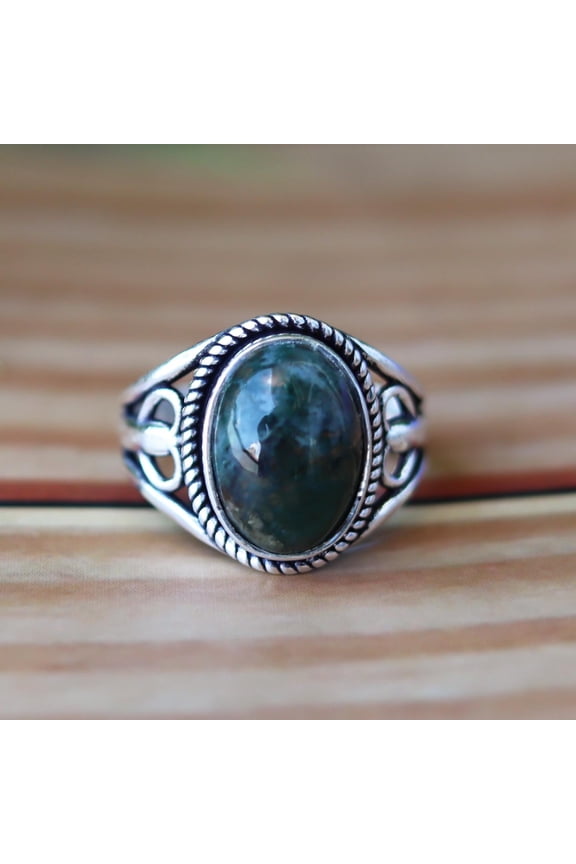 Moss Agate Ring, 925 Silver Ring, Green Stone Ring, Crystal Ring, Minimalist Ring, Oval Cabochon Ring, Men's Signet Ring, Handmade Jewelry