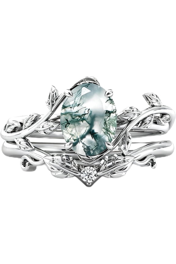 Moss Agate Ring 925 Sterling Silver Moss Agate Ring Set Promise Ring Engagement Wedding Jewelry Gift for Women #9