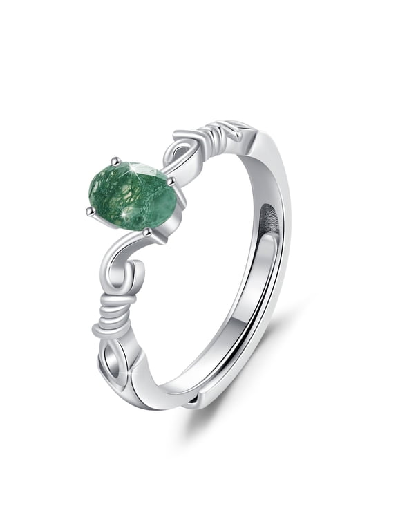 Moss Agate Ring 925 Sterling Silver Oval Adjustable Ring Vintage Ladies Moss Agate Jewelry Gifts for Women