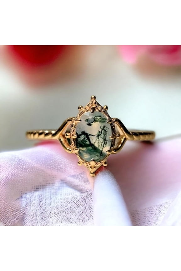 Moss Agate Ring Oval Cut Gold Silver Delicate Stacking Anniversary Ring for Women Christmas Gift