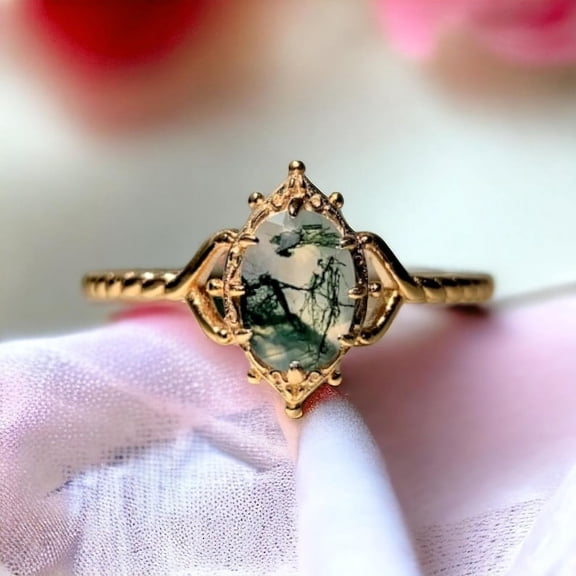 Moss Agate Ring Oval Cut Gold Silver Delicate Stacking Anniversary Ring for Women Christmas Gift