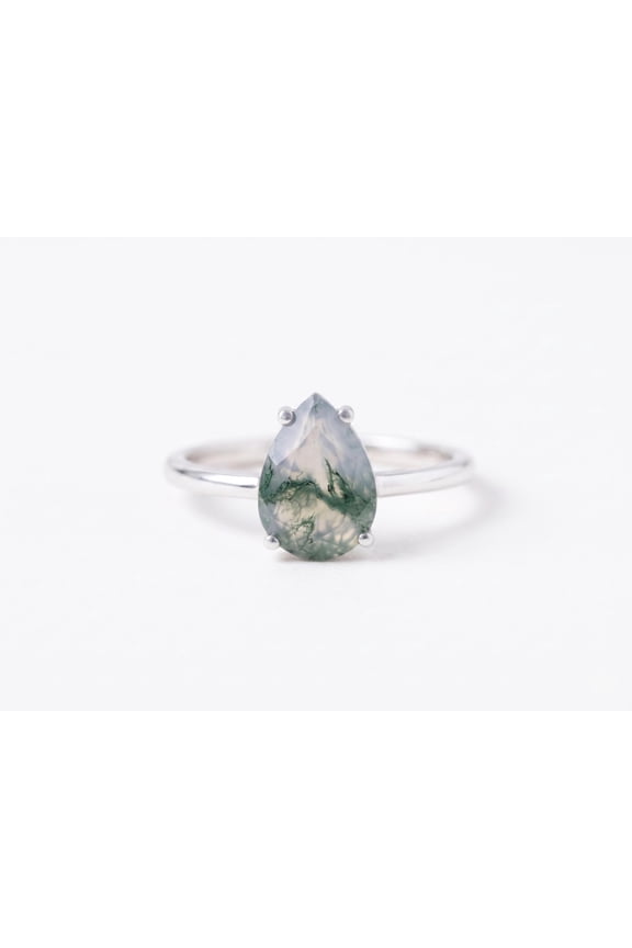 Moss Agate Ring Pear Cut, Unique Green Gemstone Ring, Boho Engagement Ring, Nature Inspired Promise Ring, Dainty Silver Ring