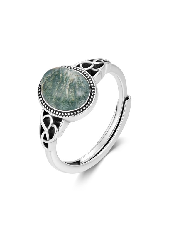 Moss Agate Ring for Women 925 Sterling Silver Adjustable Celtic Knot with Oval Moss Agate Vintage Irish Jewelry Hypoallergenic Christmas Birthday Mother's Day Gift for Her (Size 8)