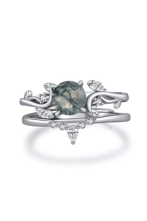 Moss Agate Ring for Women, 925 Sterling Silver Floral Vine Ring with Moss Agate Stone and CZ, Size 8 Nature Inspired Stacking Ring, Botanical Jewelry Gift