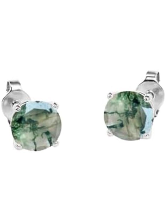 Moss Agate Stud Earrings - 7mm Round Faceted Moss Agate Studs Jewelry, Natural Stone Earrings For Women Yellow Gold Plated
