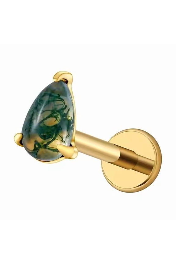 Moss Agate Teardrop Stud Earring with Flat Back in 925 Sterling Silver Push-In Labret Piercing Jewelry for Women Minimalist Gemstone Stud