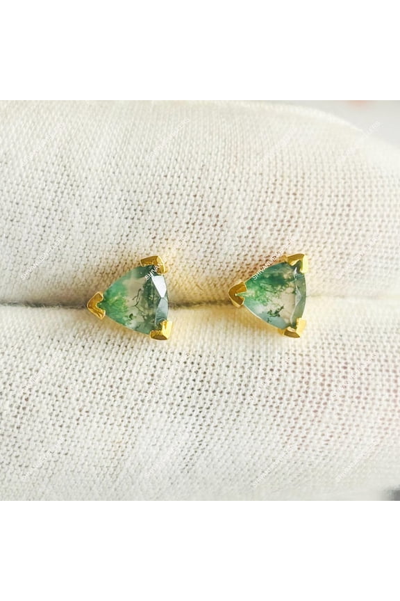 Moss Agate Triangle Stud Earrings – 925 Sterling Silver Solitaire Earrings for Women, Elegant and Unique Gemstone Jewelry Rose Gold Plated