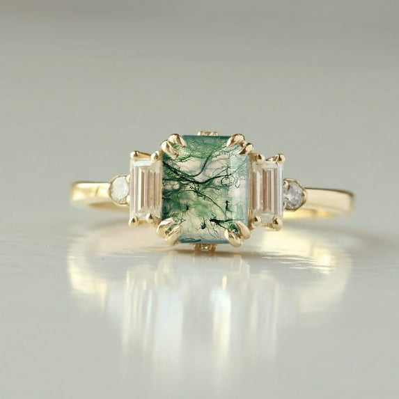 Moss Agate Vintage Ring, Yellow Plated 925 Silver Ring, Baguette Diamond Ring, Delicate Birthstone Ring, Anniversary Gift For Women.