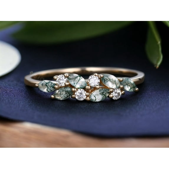 Moss Agate Wedding Band Ring Gold Nature Inspired Leaf Floral Ring Silver Engagement Gift