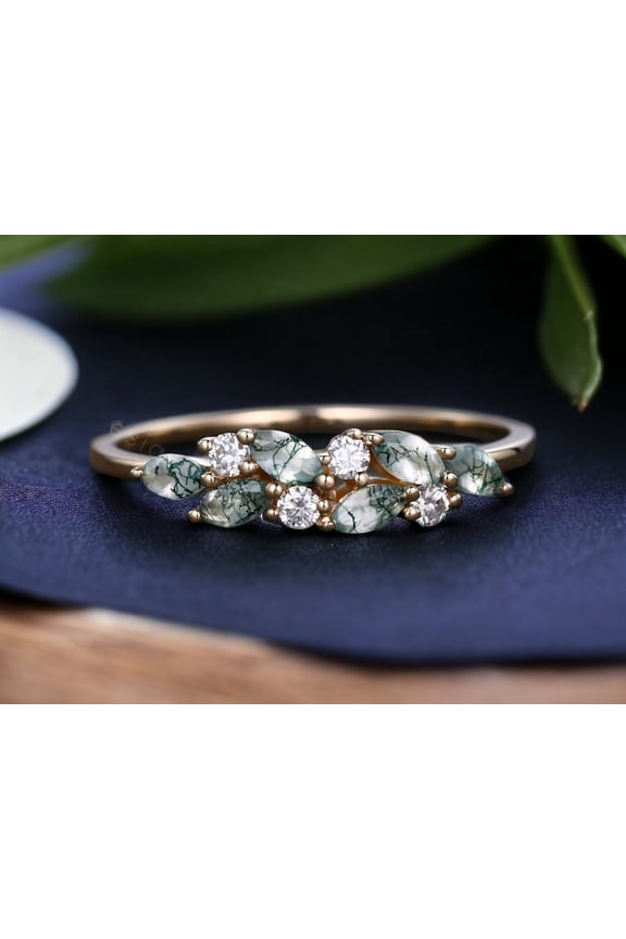 Moss Agate Wedding Band Ring Gold Nature Inspired Leaf Floral Ring Silver Engagement Gift