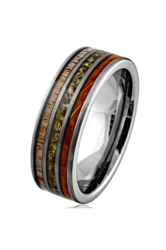 Moss Agate Wedding Band Ring for Men Black Tungsten Carbide Whiskey Barrel Oak Wood and Deer Antler Inlays