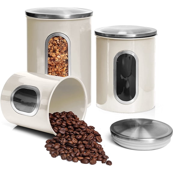 Moss And Stone 3 Piece Ivory Canisters Sets For The Kitchen, Kitchen Jars With See Through Window
