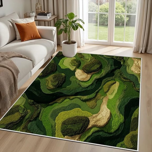 Moss Area Rug for Bedroom, Forest Green Botanical Carpet, Cute Nature Inspired Grass Rug, Washable Non-Slip Low Pile Soft Floor Mat for Living Room Nursery Decor 1x2ft
