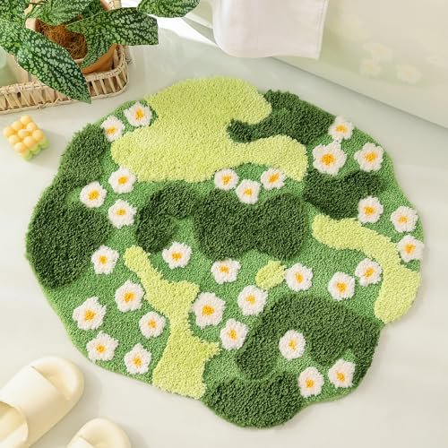 Moss Bath Mat Green Bathroom Rug with Small White Flowers Non Slip Door Mat for Bedroom and Kitchen Soft Washable Rug Floral Nature Bathtub Mat