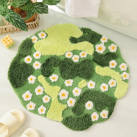 Moss Bath Mat Green Bathroom Rug with Small White Flowers Non Slip Door Mat for Bedroom and Kitchen Soft Washable Rug Floral Nature Bathtub Mat