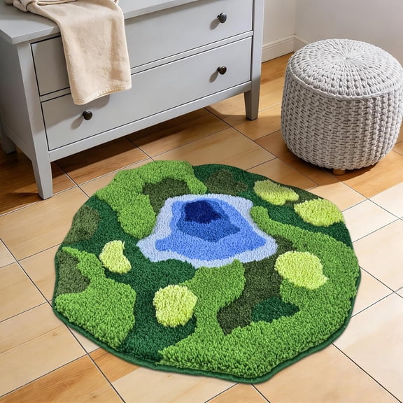 Moss Bathroom Rugs, Ultra Thick Green Bath Mat Non Slip Washable, Nature Round Bathroom Rug, Absorbent Bath Mats Quick Dry Shaggy Shower Rugs for Bedroom Decor, 26"x26"