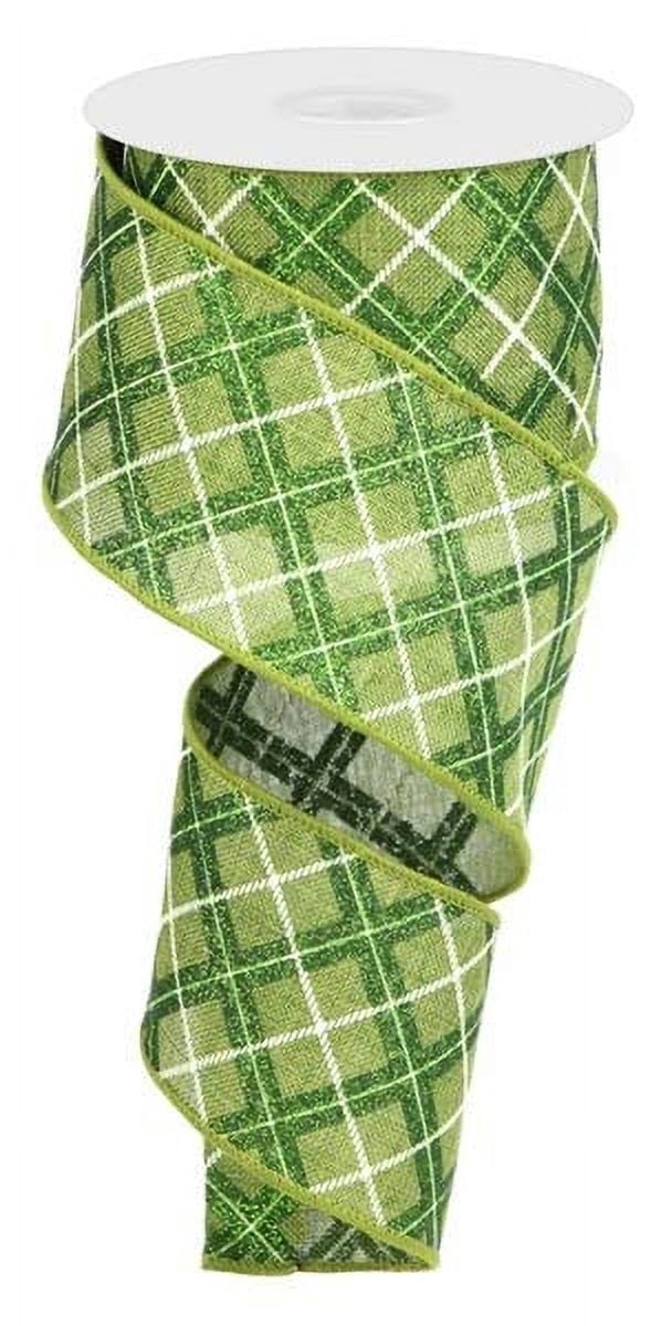 Moss Emerald White Diagonal Glitter Check Wired Ribbon - 2.5