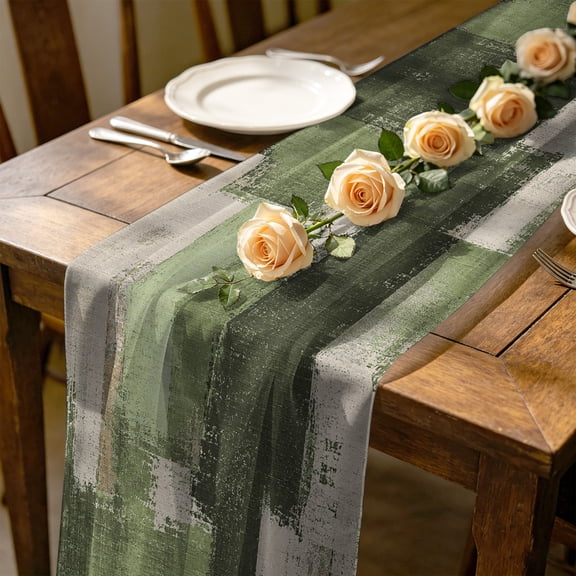 Moss Green 10 ft Cheesecloth Table Runner for Wedding 27"x120", Cream Freen Color Block Patchwork Abstract Splatter Style Kitchen Dinner Sheer Tulle Chiffon Dresser Scarf, Holiday Party Decorations