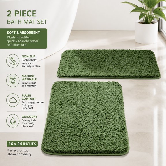 Moss Green Bathroom Rug Set 2 Piece, Soft Absorbent Microfiber Bath Mats, Non Slip Quick Dry Shaggy Bath Rugs for Tub and Shower 20x30 inches