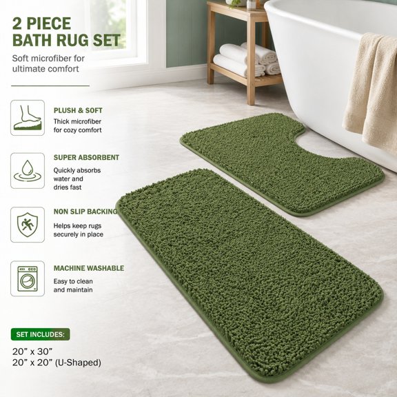 Moss Green Bathroom Rugs Set 2 Piece, Soft Absorbent Microfiber Bath Mat, Non Slip Quick Dry Plush Shaggy Rugs for Tub and Shower, 16x24 Inches