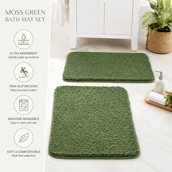 Moss Green Bathroom Rugs Set, 2 Piece Soft Absorbent Microfiber Bath Mat, Non-Slip Quick Dry Plush Shaggy Floor Rugs for Tub and Shower, 16x24 inches