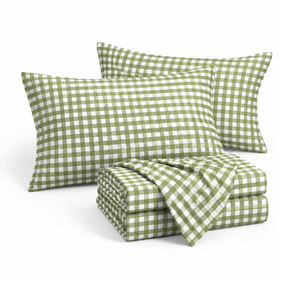 Moss Green Full Size Gingham 4-Piece Plaid Checkered Bed Sheet Set