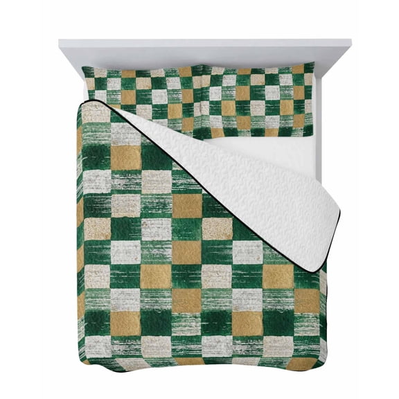 Moss Green Grids 3 Piece Quilt Set Full Size, Abstract Green Beige Checkerboard Brushstroke Texture Soft Bedspread Coverlet Bedding Set Microfiber Comforter Set with 2 Pillowcases for Bedroom