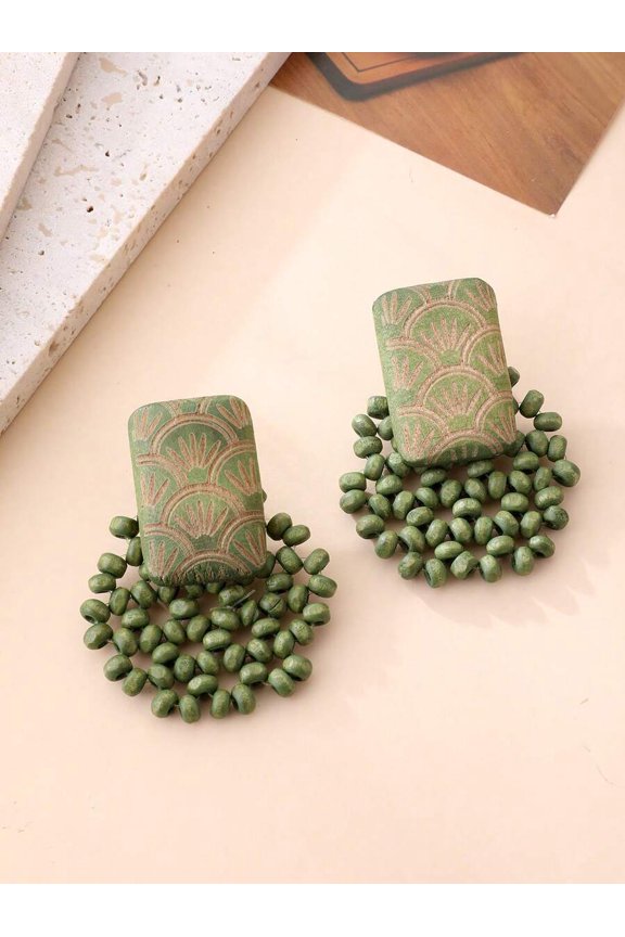 Moss Green Handmade Wooden Beaded Carved Geometric Stud Earrings