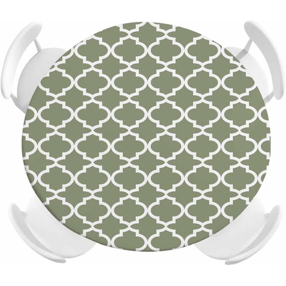 Moss Green Morocco Round Fitted Tablecloth with Elastic Edged, Geometric Lattice Trellis Waterproof Oil Proof Table Cover for Dinner Outdoor Picnic Wedding Party - Fits 36" - 44" Round Tables