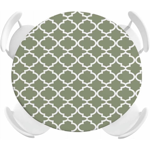 Moss Green Morocco Round Fitted Tablecloth with Elastic Edged, Geometric Lattice Trellis Waterproof Oil Proof Table Cover for Dinner Outdoor Picnic Wedding Party - Fits 45" - 52" Round Tables