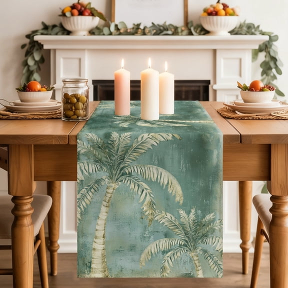 Moss Green Palm Tree Dining Table Runner, Tropical Plant Summer Abstract Washable Table Runners Kitchen Coffee Table Center Decor for Home Party Holiday Wedding 13 x 48 Inches