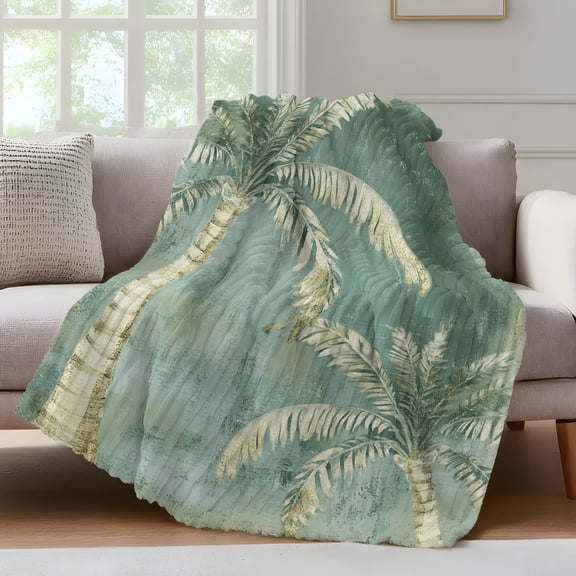 Moss Green Palm Tree Throw Blanket for Couch Tropical Plant Summer Abstract Soft and Warm Flannel 3D Striped Fluffy Fuzzy Fleece Blanket Lightweight Throw for Bed, Sofa 30 x 40 Inches