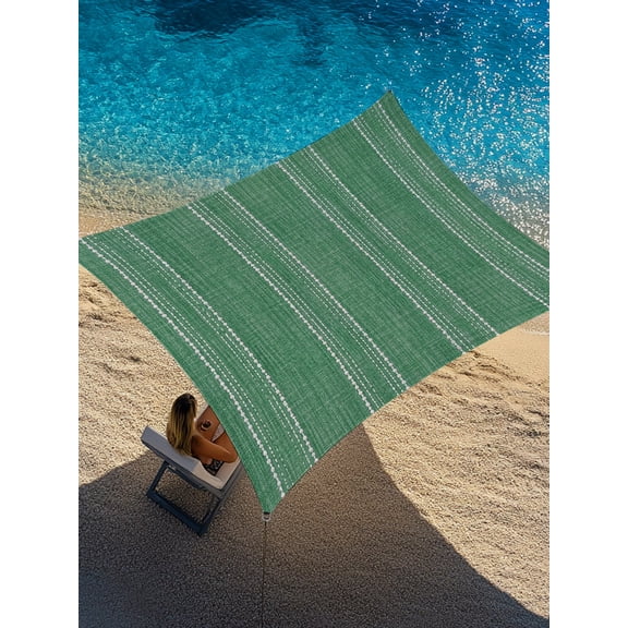 Moss Green Striped Sun Shade Sail 6.5' x 10', Coastal Grandma Farmhouse Rustic Linen Texture Rectangle Outdoor Sunshade Canopy, Waterproof UV Block Patio Covers for Garden Yard Beach