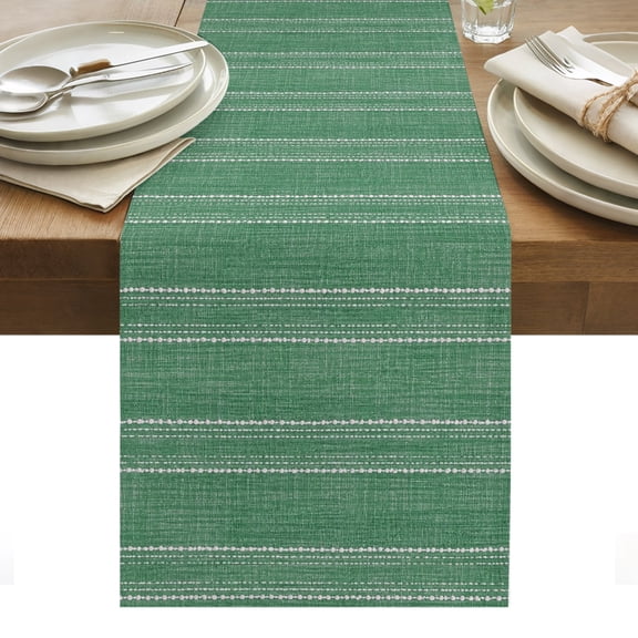Moss Green Striped Table Runner, Coastal Grandma Farmhouse Rustic Linen Texture Washable Kitchen Table Runners Dress Scarves for Dining Table Decorations Party/Restaurant/Indoor Outdoor Use, 13x36in