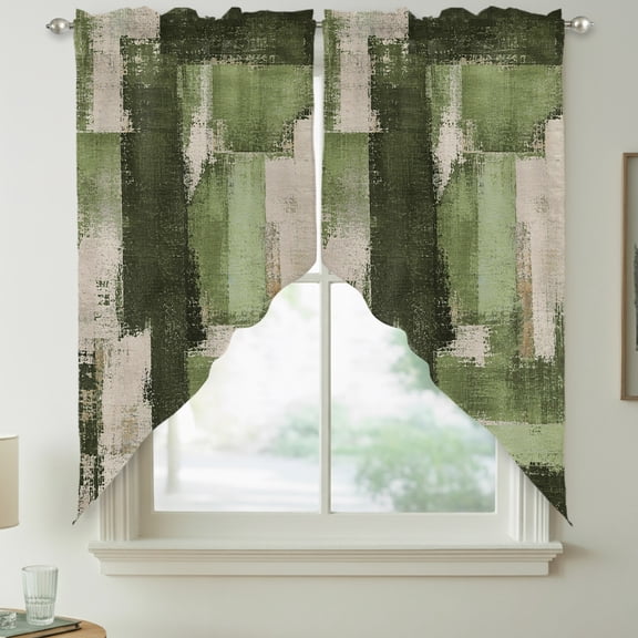 Moss Green Swag Kitchen Curtain Valances, Cream Freen Color Block Patchwork Abstract Splatter Style Rod Pocket Curtains Window Treatment Decor Valances for Bedroom Bathroom, 2 Panels 36 x 63 Inch