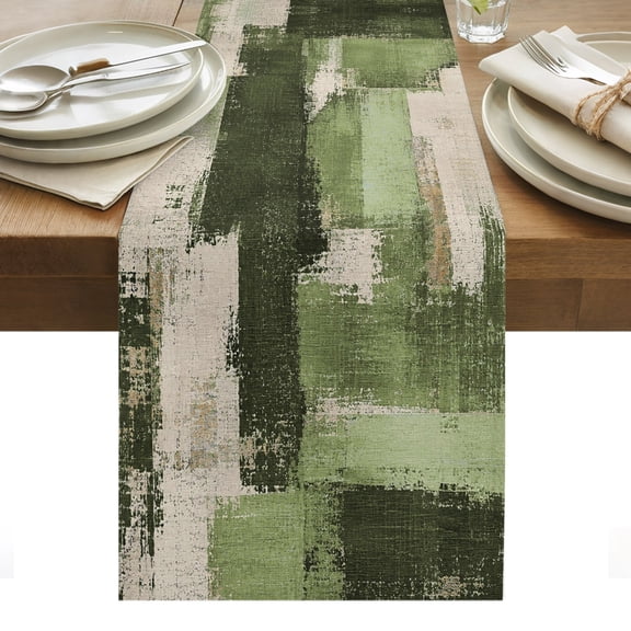 Moss Green Table Runner, Cream Freen Color Block Patchwork Abstract Splatter Style Washable Kitchen Table Runners for Dining Table Decorations Party/Restaurant/Indoor Outdoor Use, 13x48in