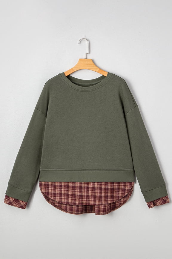 Moss Green Vintage Plaid Patchwork Drop Shoulder Sweatshirt
