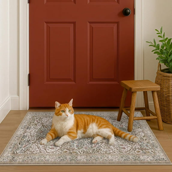 Moss Green Washable Entry Rug - Front Door Rugs Indoor, Vintage Floral Style Small Rug for Kitchen, Bathroom, Non-Slip Boho Vintage Dark Taupe Entryway Décor