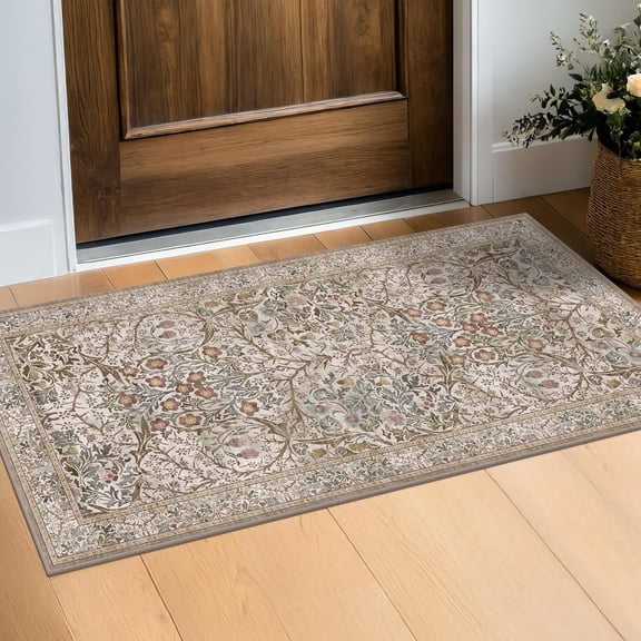 Moss Green Washable 2x4 Indoor Entry Rug, Vintage Floral Small Non-Slip Kitchen Bathroom Rug, Boho Dark Taupe Floor Mat for Front Door