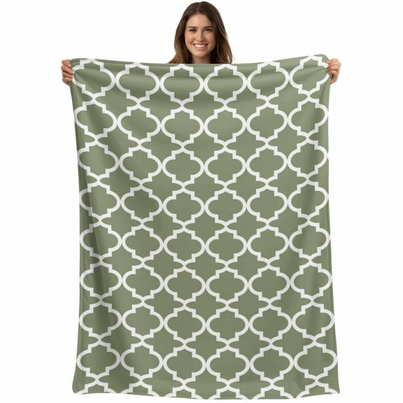Moss Green White Geometric Throw Blankets, Minimalist Morocco Pattern Soft Fleece Blanket Decorative for Home Sofa Couch Chair Living Bedroom, 50x60 inches,