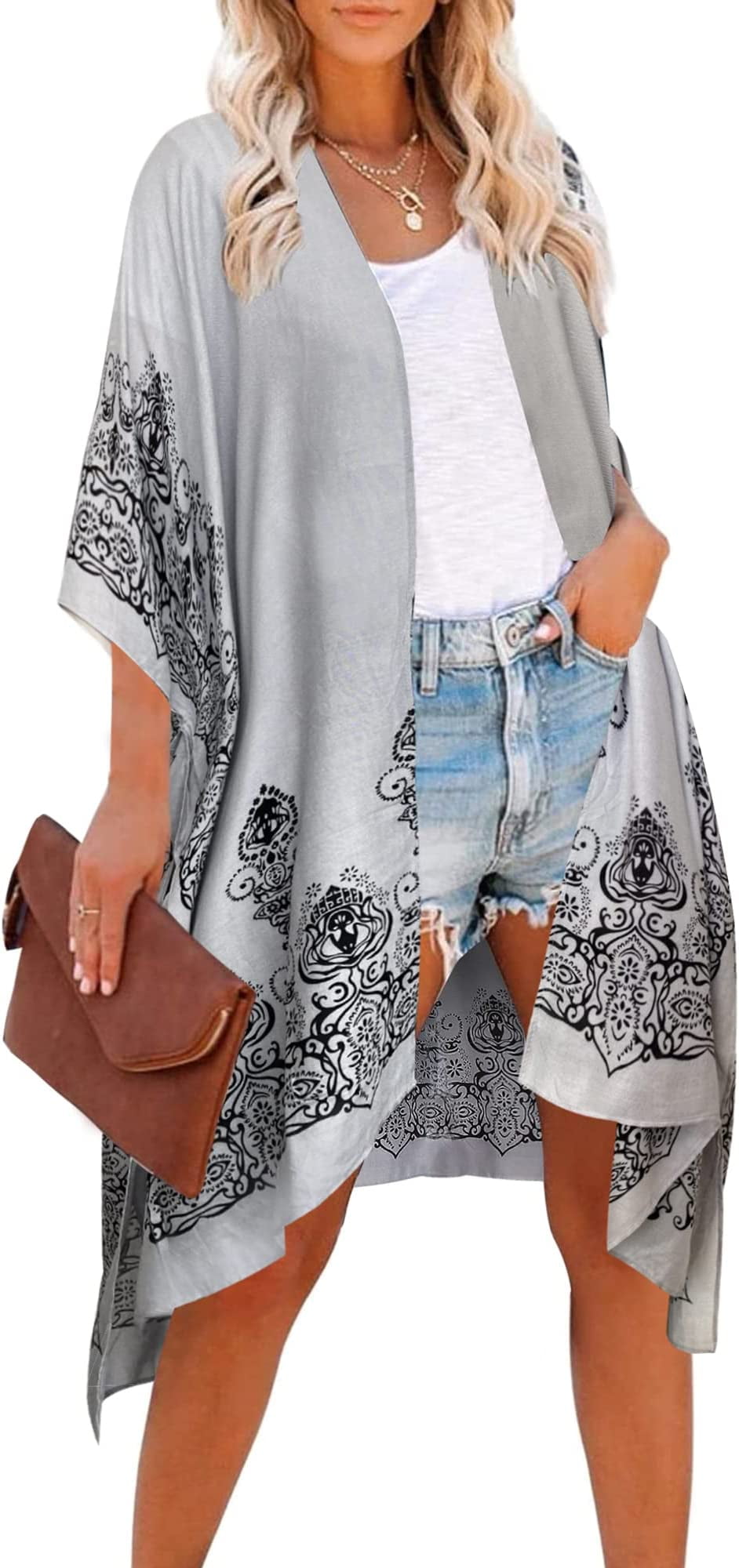 Jessica McClintock Women's Sheer Kimono Cover Up - Scallop Stone & Rhinestone Trim Beach Cardigan | Teal Silver Swimsuit Cover - View #11