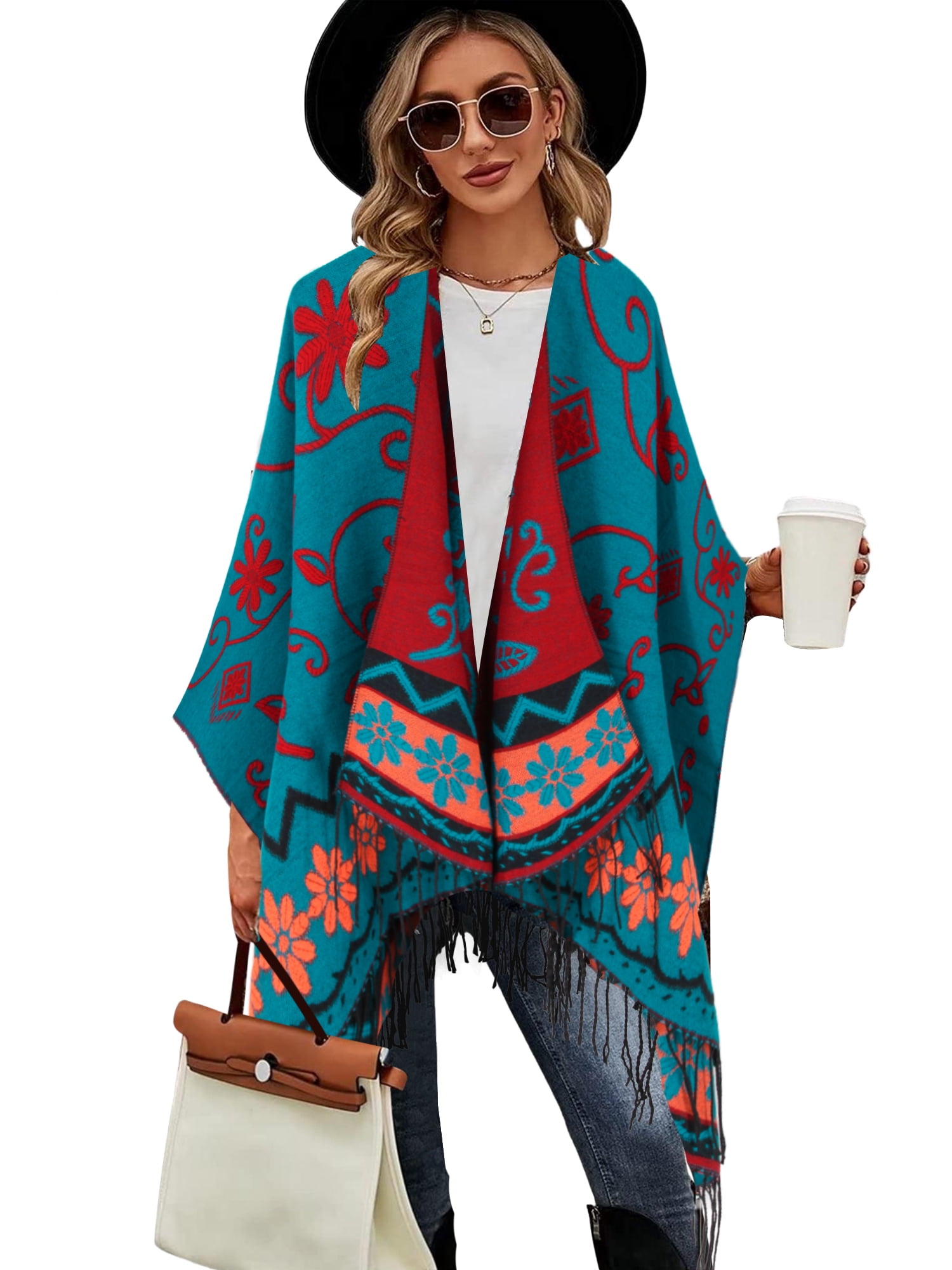 EXCHIC dames vintage colorblocking sjaal omslag open voorkant poncho overgrote winterdeken elegant capejas, Koffie-2, One size