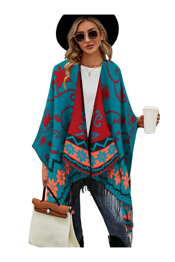Women's Travel Plaid Shawl Wrap Open Front Poncho Cape Ruana Fall Winter