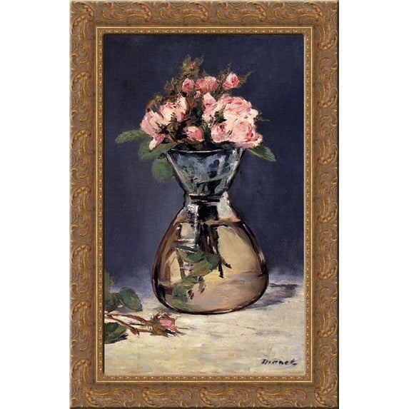 Moss Roses In A Vase 18x24 Gold Ornate Wood Framed Canvas Art by Manet, Eduard